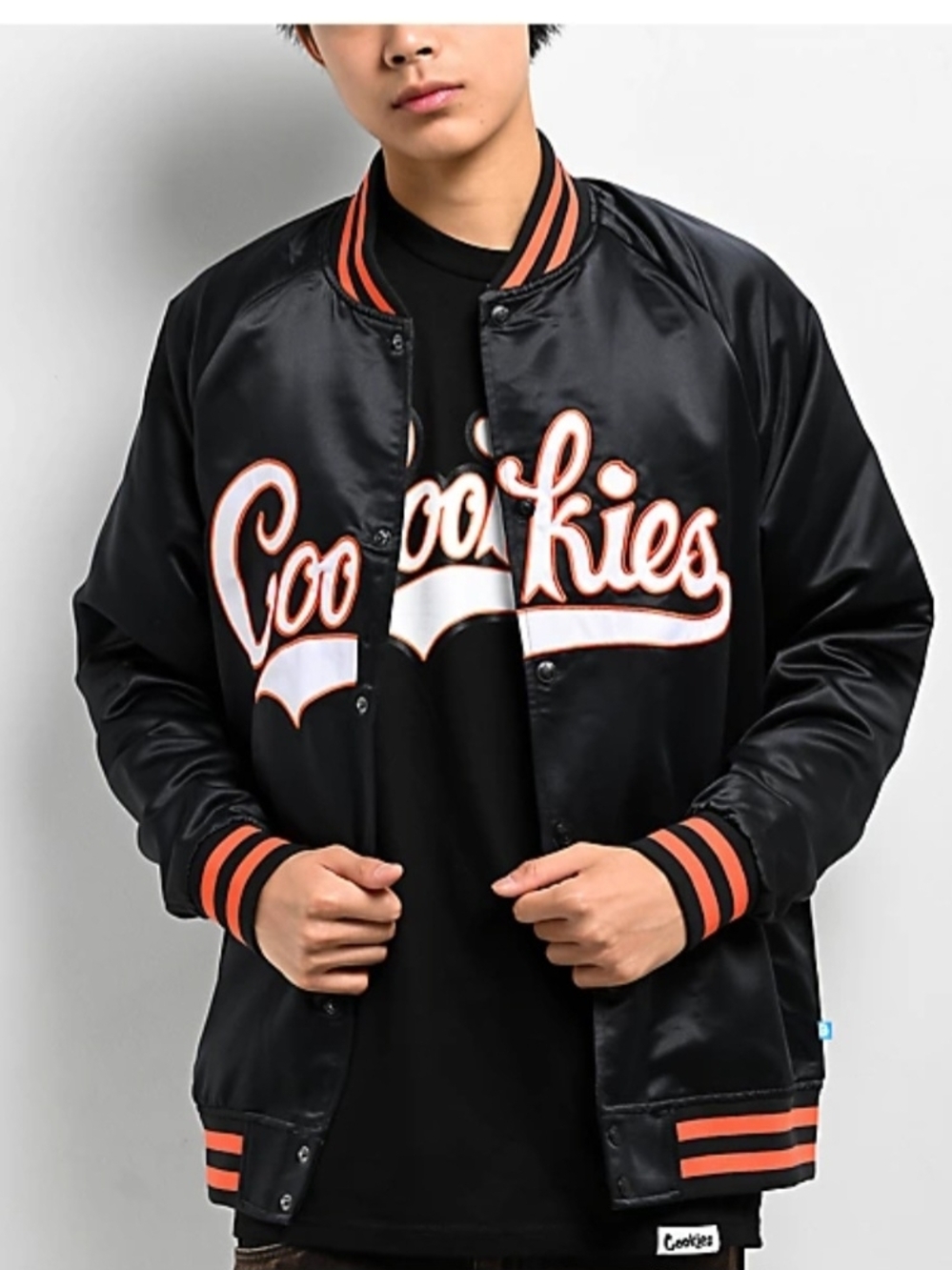 Cookies Black/Orange Satin Jacket with and White Script Sizes S /M/L New $85 - Picture 2 of 9